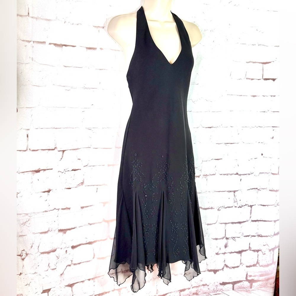 S.L.FASHIONS PETITE 8P Halter Neck Black Chiffon Handkerchief Hem Cocktail Dress - Picture 8 of 11